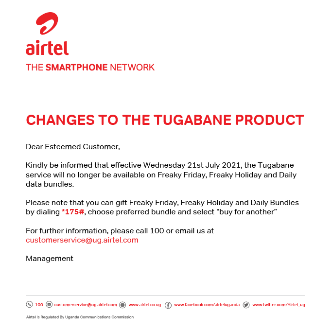 “Tugabane” Will no Longer be Available on Freaky Friday, Freaky Holiday and Daily Data Bundles – Airtel Ug