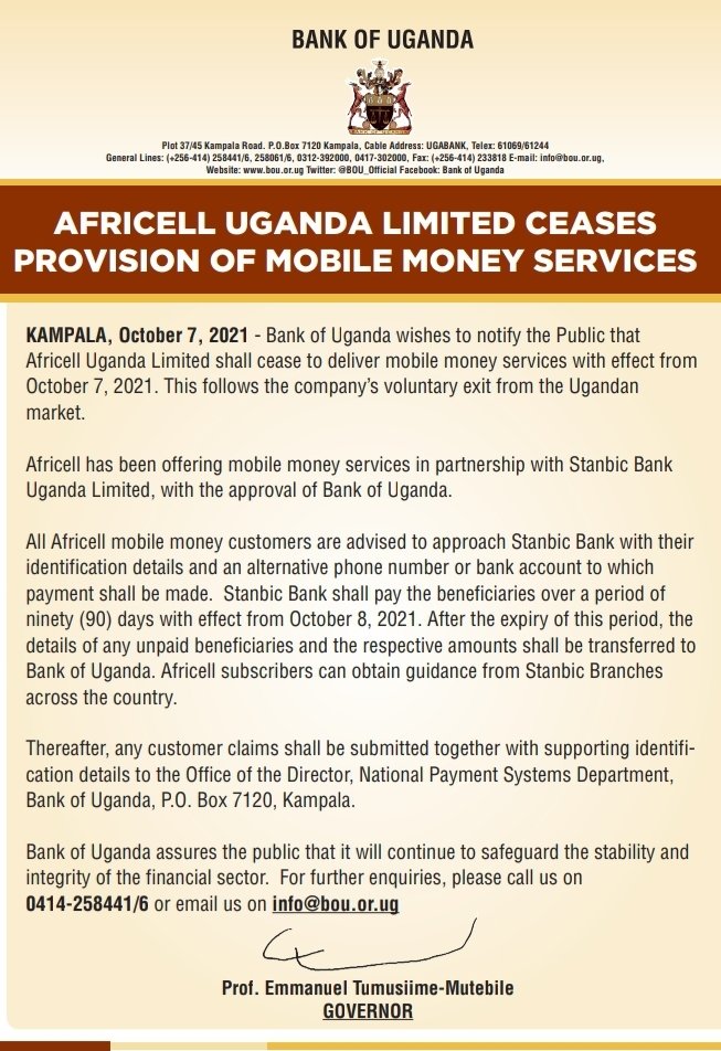 Africell Uganda Limited Ceases Provision of Mobile Money Services – Bank of Uganda.