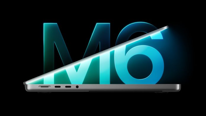 Apple-MacBook-Pro-14-in-with-M6-hero-261027_big.jpg.large_2x Side view of a partially open 14-inch MacBook Pro with an M6 logo behind it.